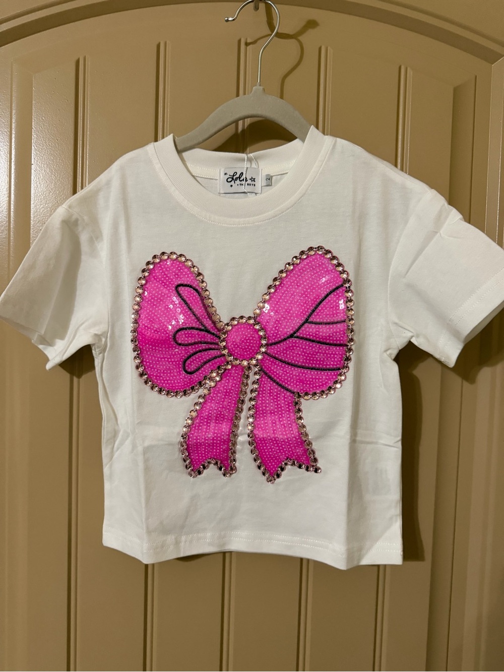 Lola + The Boys White Tee with Pink sparkle 💖 Sequin Bow Sz 2T New!